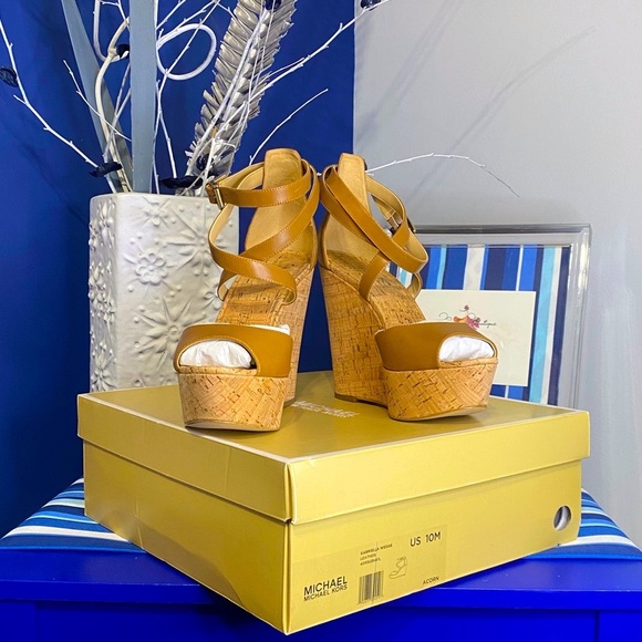 Michael Kors brown cork platform wedge strappy ankle high heel sandals Sz 10 - Picture 1 of 15